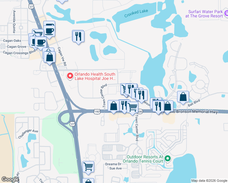 map of restaurants, bars, coffee shops, grocery stores, and more near 130 Town Center Boulevard in Clermont