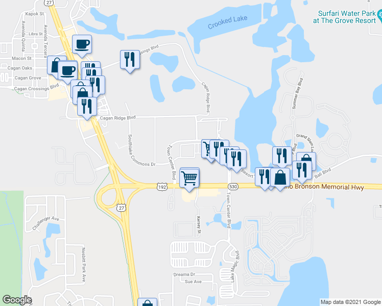map of restaurants, bars, coffee shops, grocery stores, and more near 130 Town Center Boulevard in Clermont