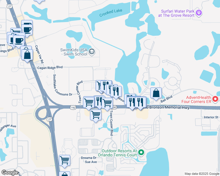 map of restaurants, bars, coffee shops, grocery stores, and more near 130 Town Center Boulevard in Clermont