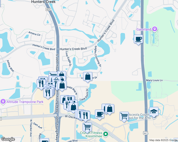 map of restaurants, bars, coffee shops, grocery stores, and more near 14730 Eagles Crossing Drive in Orlando