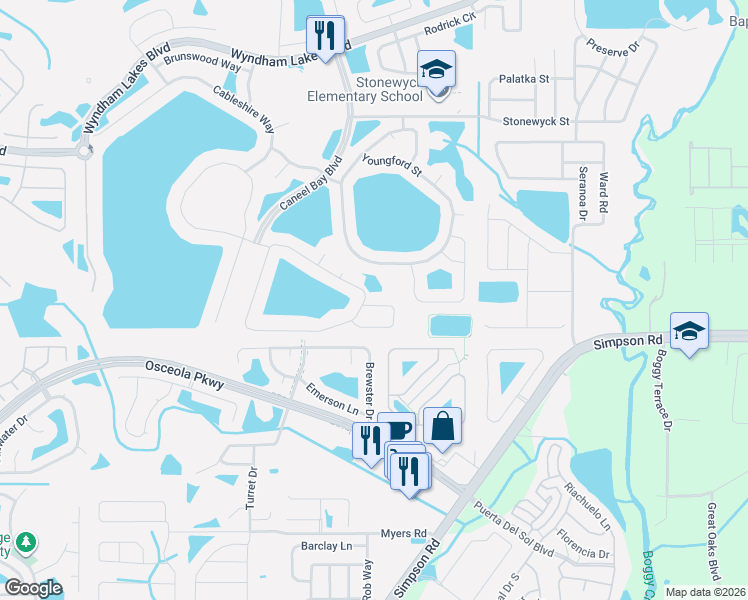 map of restaurants, bars, coffee shops, grocery stores, and more near 1710 Penrith Loop in Orlando