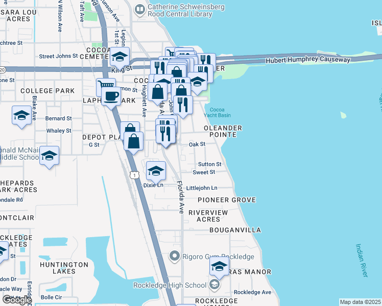 map of restaurants, bars, coffee shops, grocery stores, and more near 209 Oak Street in Cocoa