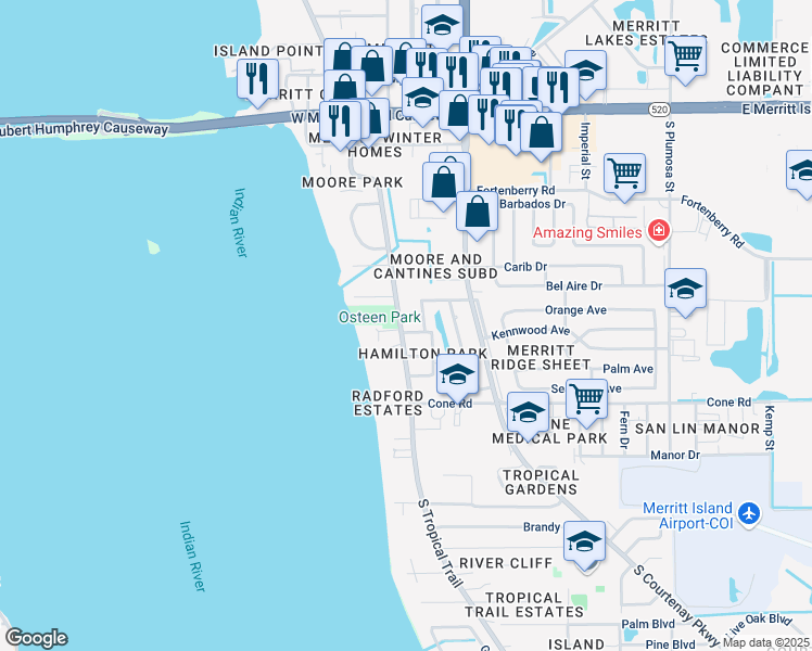 map of restaurants, bars, coffee shops, grocery stores, and more near 450 South Tropical Trail in Merritt Island