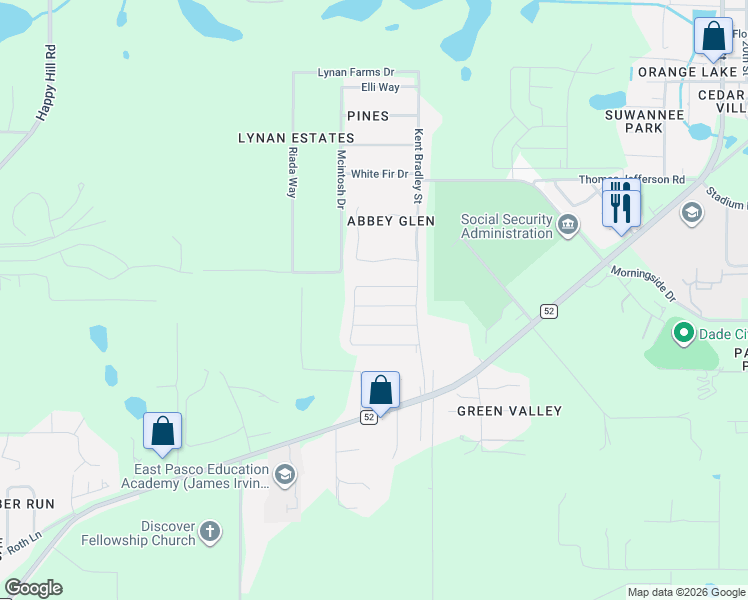 map of restaurants, bars, coffee shops, grocery stores, and more near 36097 Welsh Glade Road in Dade City