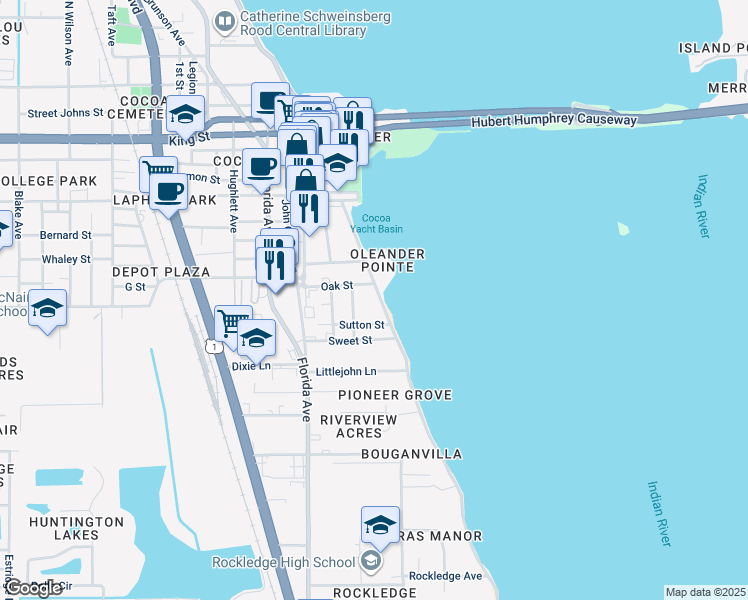 map of restaurants, bars, coffee shops, grocery stores, and more near 104 Riverside Drive in Cocoa