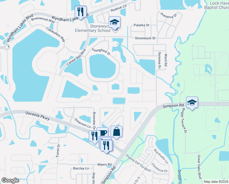 map of restaurants, bars, coffee shops, grocery stores, and more near 14246 Gold Bridge Drive in Orlando