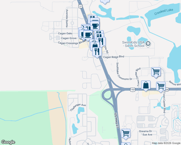 map of restaurants, bars, coffee shops, grocery stores, and more near 138 Sandy Point Way in Clermont