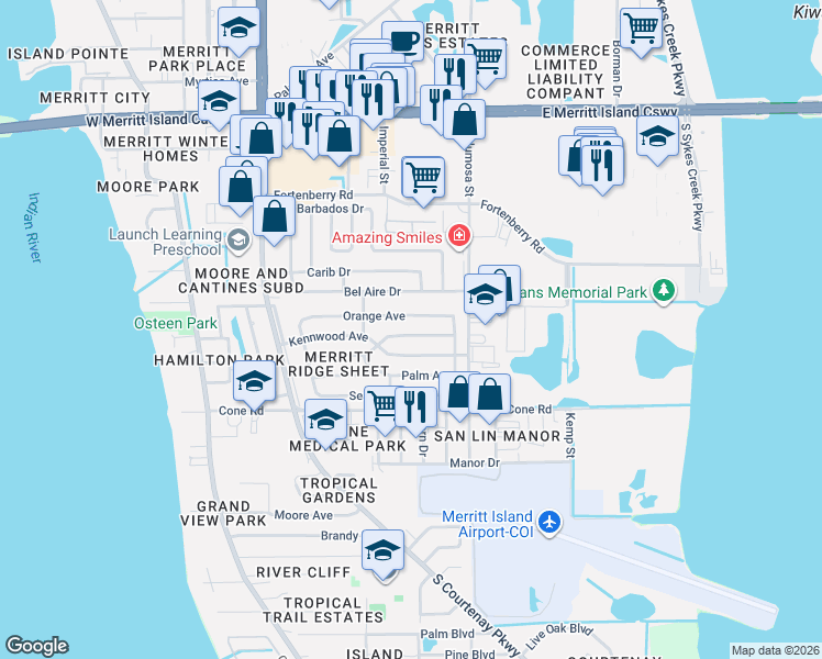 map of restaurants, bars, coffee shops, grocery stores, and more near 517 Orange Avenue in Merritt Island