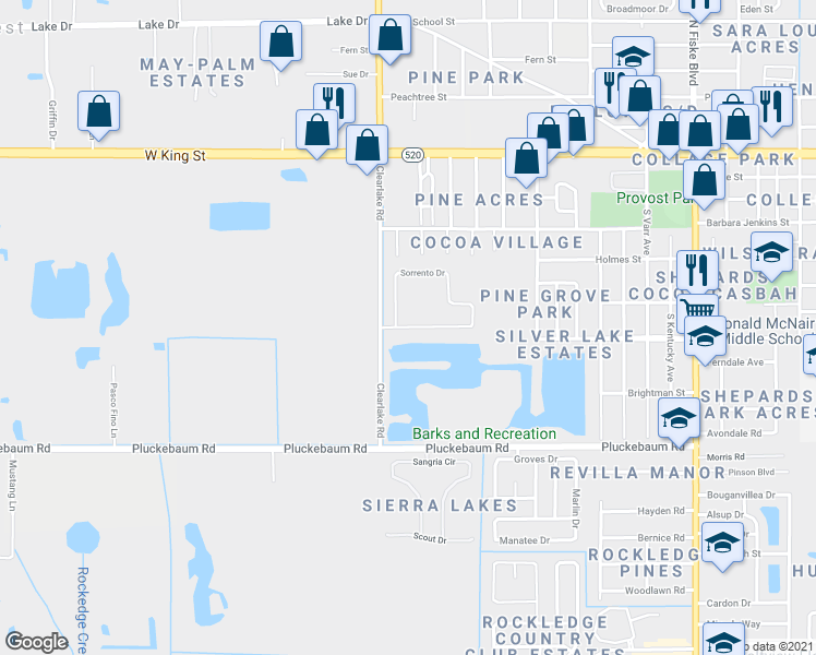 map of restaurants, bars, coffee shops, grocery stores, and more near 130 Sorrento Drive in Cocoa