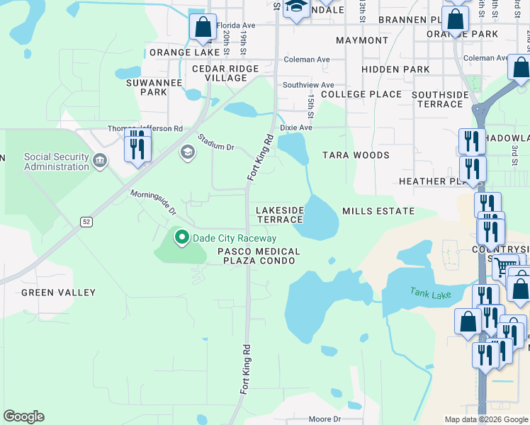map of restaurants, bars, coffee shops, grocery stores, and more near 37203 Marlu Lane in Dade City