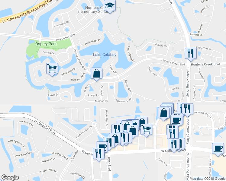 map of restaurants, bars, coffee shops, grocery stores, and more near 14522 Potanow Trail in Orlando