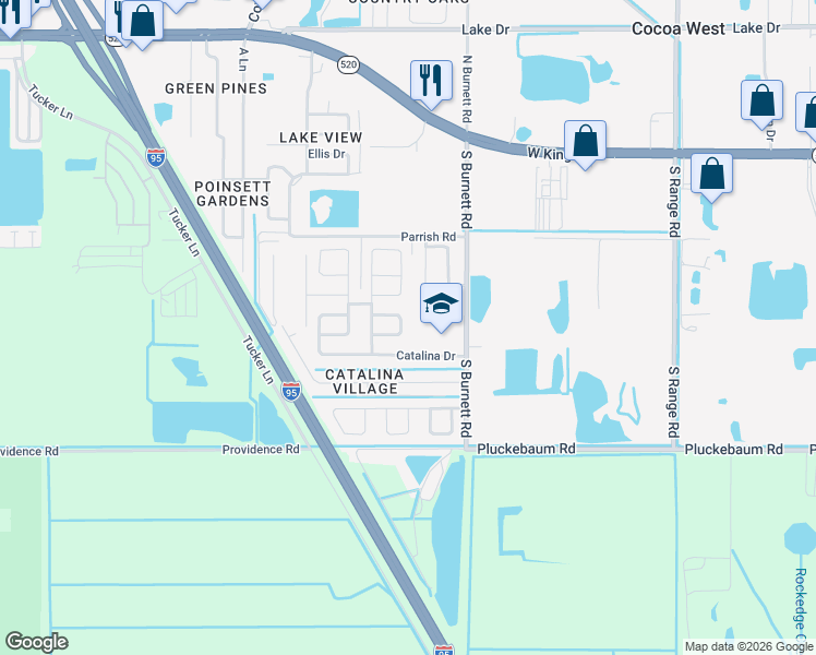 map of restaurants, bars, coffee shops, grocery stores, and more near 3773 Brockington Circle in Cocoa