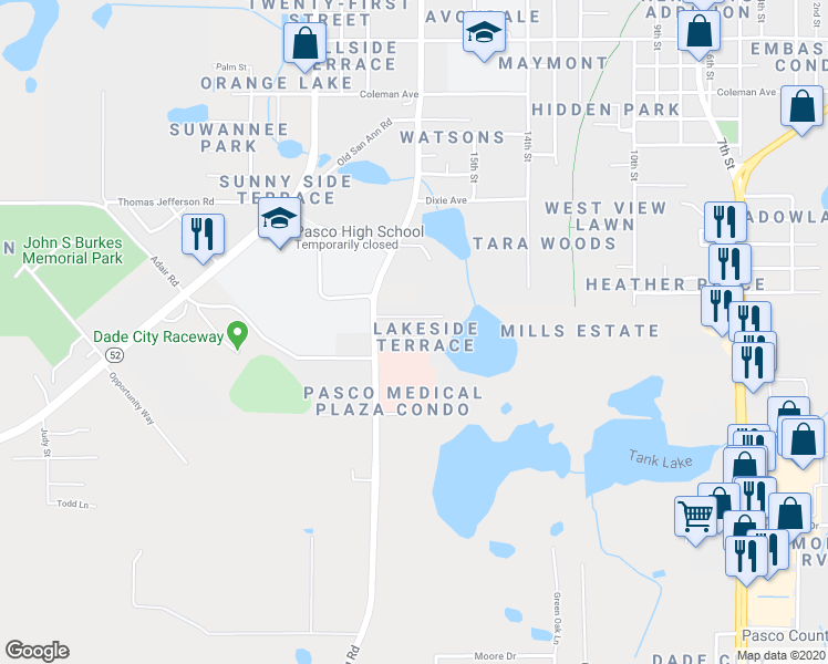 map of restaurants, bars, coffee shops, grocery stores, and more near 37211 Marlu Lane in Dade City