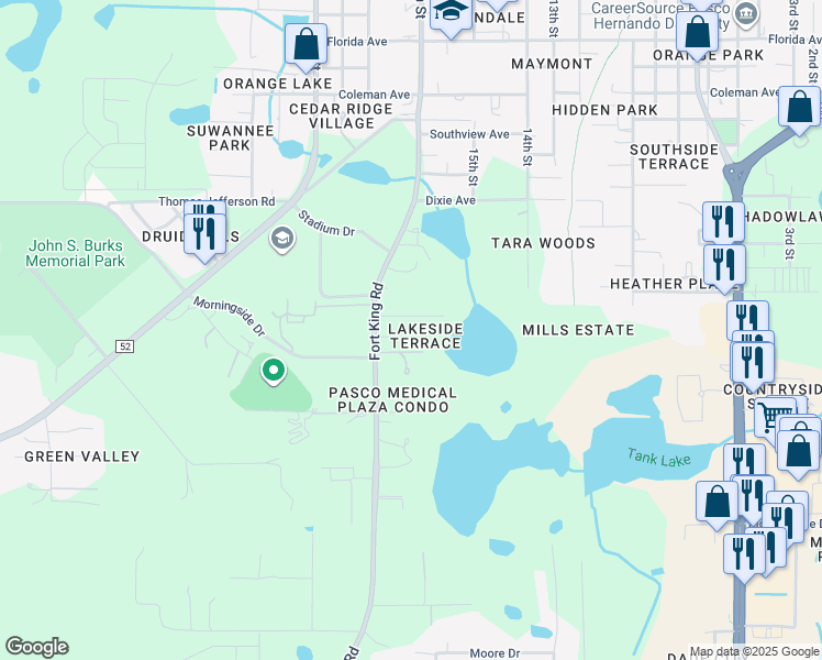map of restaurants, bars, coffee shops, grocery stores, and more near 37216 Grassy Hill Lane in Dade City