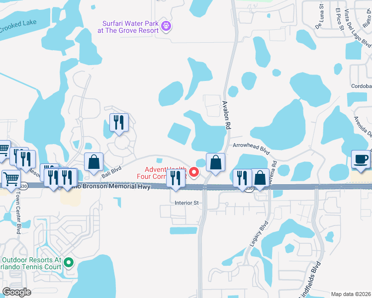 map of restaurants, bars, coffee shops, grocery stores, and more near 17771-17779 Bali Boulevard in Winter Garden