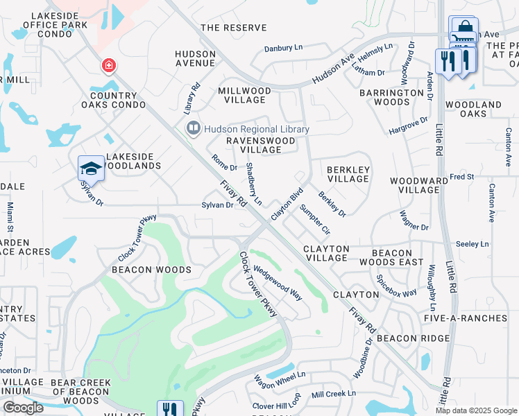 map of restaurants, bars, coffee shops, grocery stores, and more near 13213 Shadberry Lane in Hudson