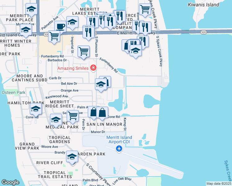 map of restaurants, bars, coffee shops, grocery stores, and more near 88 Catamaran Drive in Merritt Island