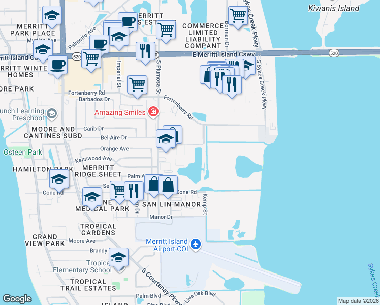 map of restaurants, bars, coffee shops, grocery stores, and more near 515 Landings Way in Merritt Island