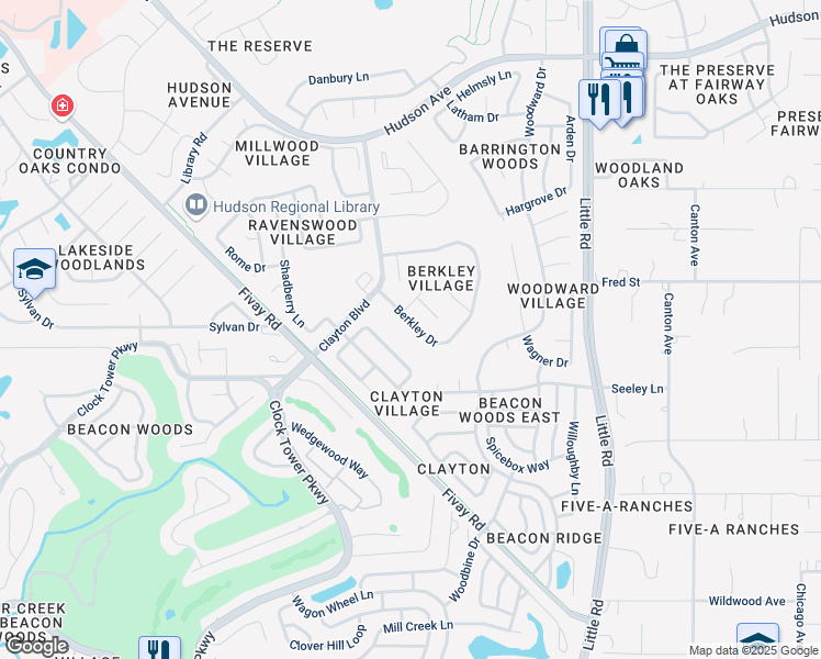 map of restaurants, bars, coffee shops, grocery stores, and more near 8544 Berkley Drive in Hudson