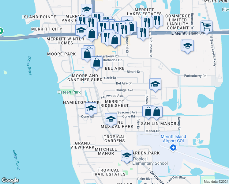 map of restaurants, bars, coffee shops, grocery stores, and more near 483 Orange Avenue in Merritt Island