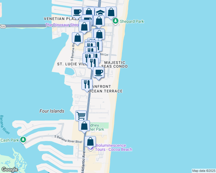 map of restaurants, bars, coffee shops, grocery stores, and more near 3400 Ocean Beach Boulevard in Cocoa Beach