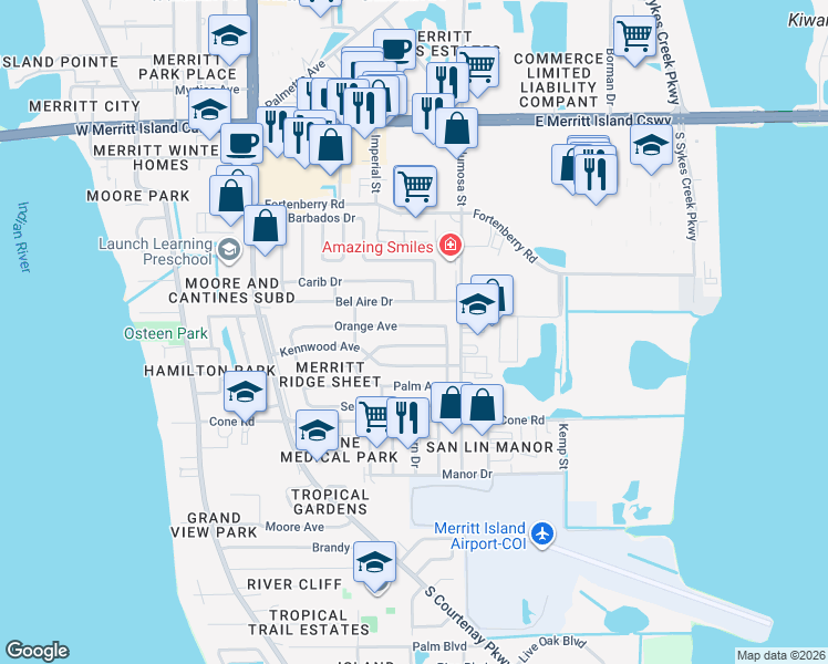 map of restaurants, bars, coffee shops, grocery stores, and more near 517 Orange Avenue in Merritt Island