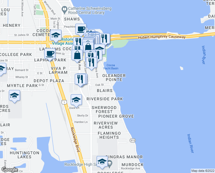 map of restaurants, bars, coffee shops, grocery stores, and more near 15 Oak Street in Cocoa