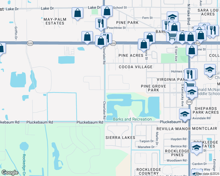 map of restaurants, bars, coffee shops, grocery stores, and more near 130 Sorrento Drive in Cocoa