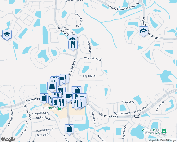map of restaurants, bars, coffee shops, grocery stores, and more near 14915 Prairie Rose Court in Orlando