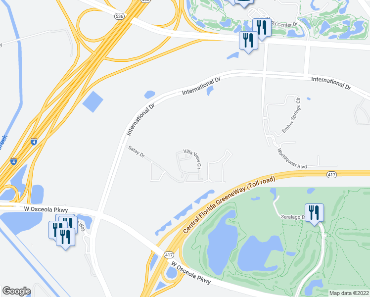 map of restaurants, bars, coffee shops, grocery stores, and more near 8824 Villa View Circle in Orlando