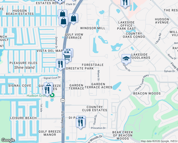 map of restaurants, bars, coffee shops, grocery stores, and more near 7212 Gulf Breeze Circle in Hudson