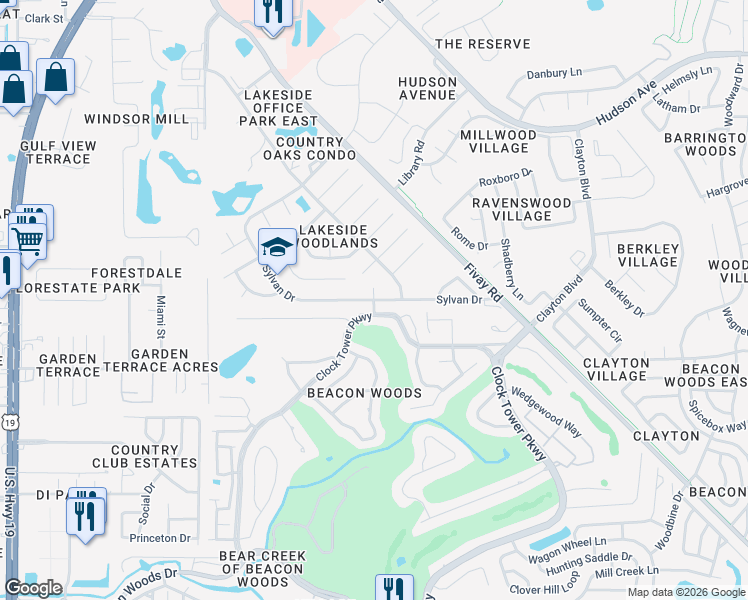 map of restaurants, bars, coffee shops, grocery stores, and more near 7921 Sylvan Drive in Hudson