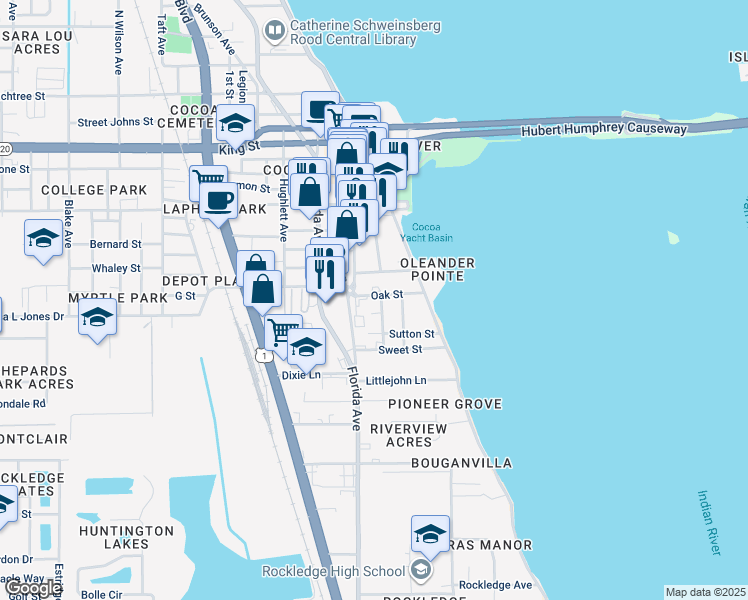 map of restaurants, bars, coffee shops, grocery stores, and more near 209 Oak Street in Cocoa