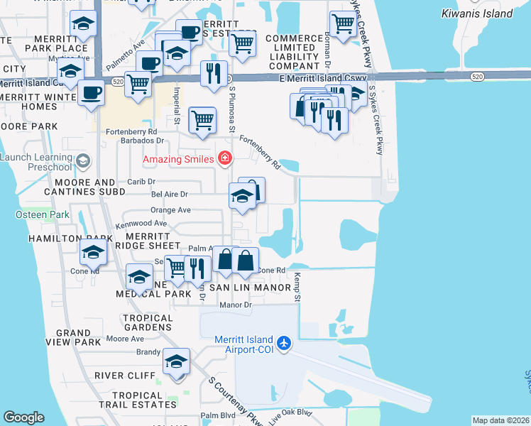 map of restaurants, bars, coffee shops, grocery stores, and more near 425 Catamaran Drive in Merritt Island