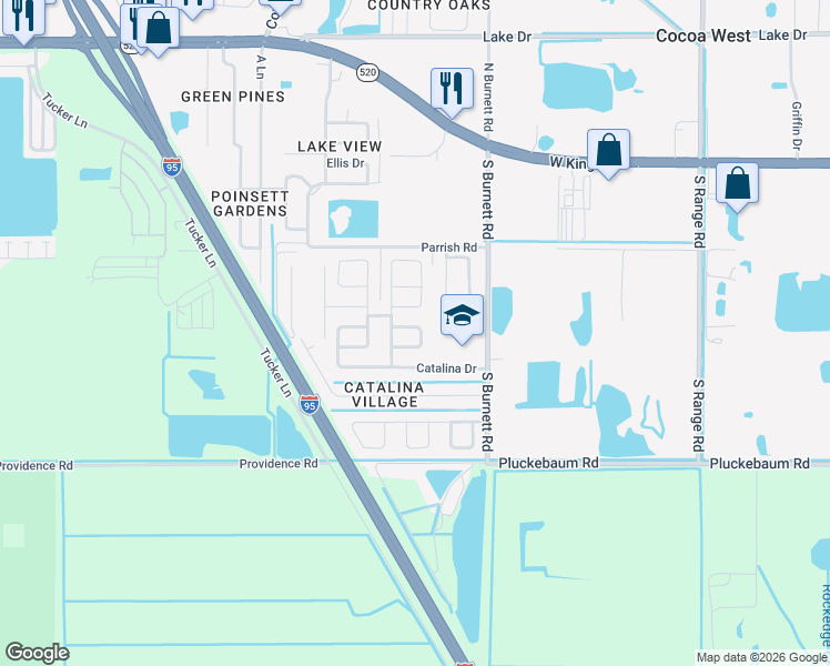 map of restaurants, bars, coffee shops, grocery stores, and more near 3773 Brockington Circle in Cocoa
