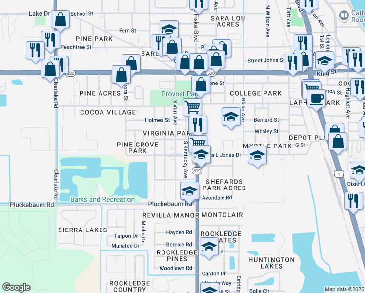 map of restaurants, bars, coffee shops, grocery stores, and more near 711 South Kentucky Avenue in Cocoa