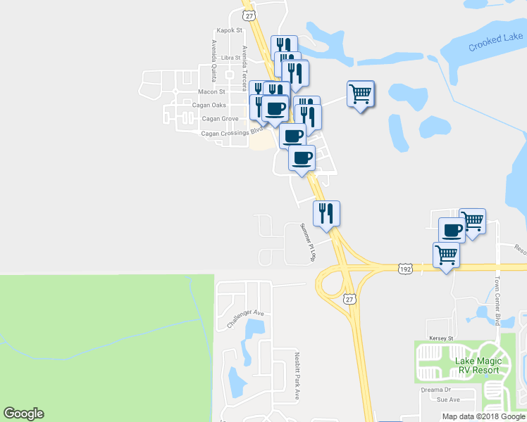 map of restaurants, bars, coffee shops, grocery stores, and more near 200 Sandy Point Way in Clermont