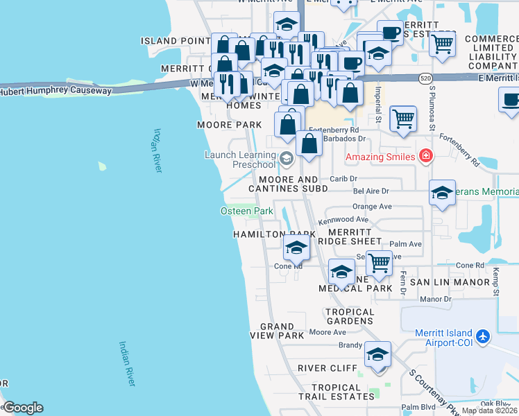 map of restaurants, bars, coffee shops, grocery stores, and more near 420 County Road 3 in Merritt Island