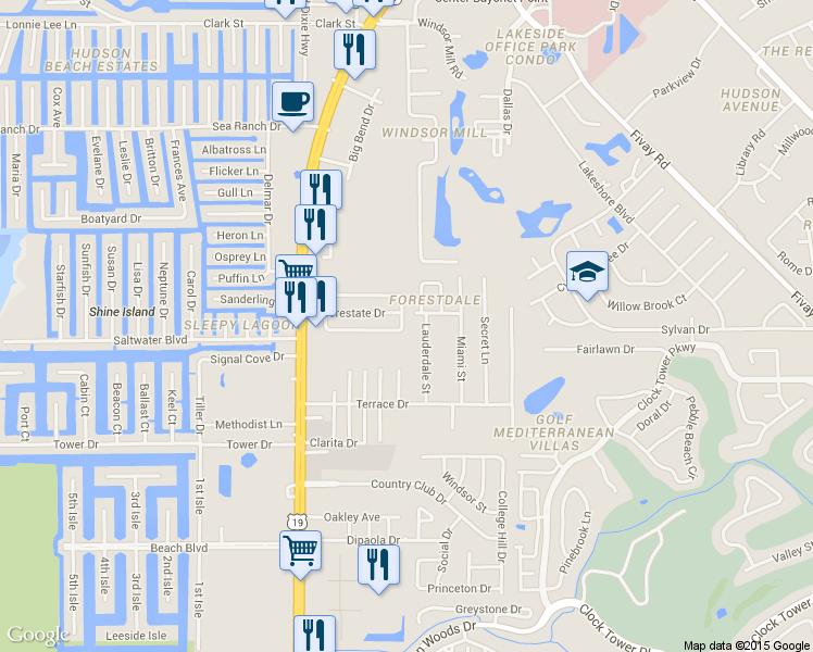 map of restaurants, bars, coffee shops, grocery stores, and more near 7212 Gulf Breeze Circle in Hudson