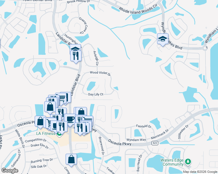 map of restaurants, bars, coffee shops, grocery stores, and more near 1730 Wood Violet Drive in Orlando