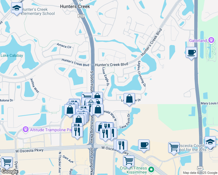 map of restaurants, bars, coffee shops, grocery stores, and more near 14643 Lone Eagle Drive in Orlando