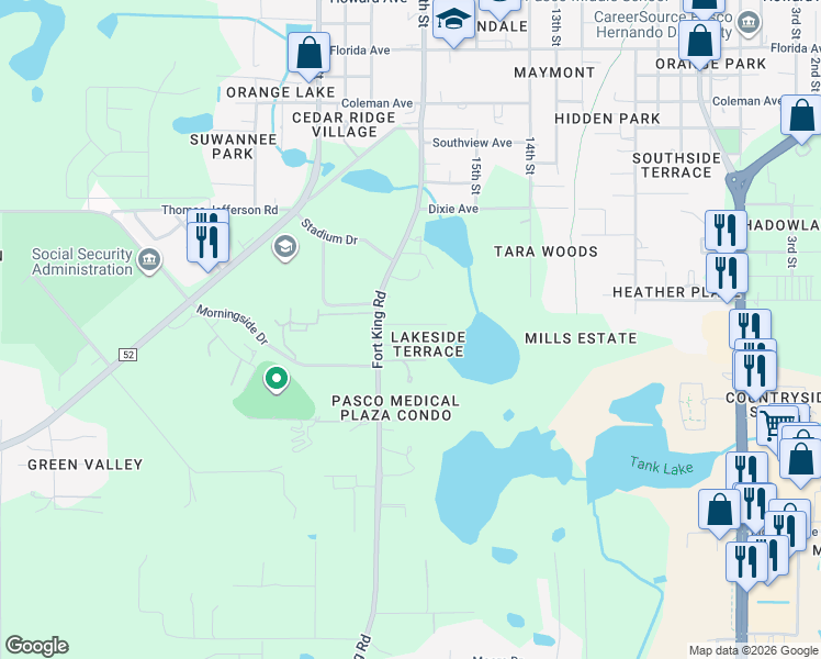 map of restaurants, bars, coffee shops, grocery stores, and more near 37216 Grassy Hill Lane in Dade City