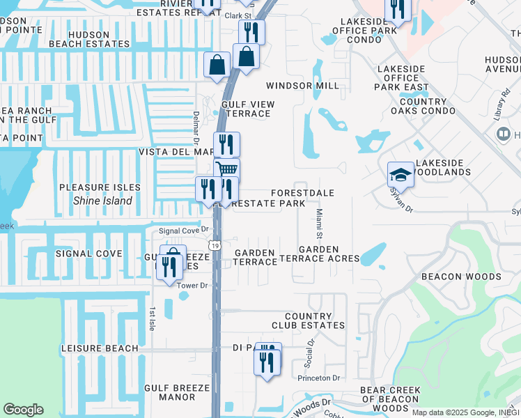 map of restaurants, bars, coffee shops, grocery stores, and more near 7117 Gulf Breeze Circle in Hudson
