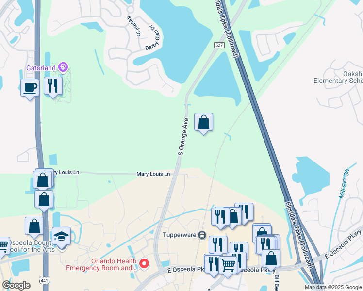 map of restaurants, bars, coffee shops, grocery stores, and more near 21476 South Orange Avenue in Orlando