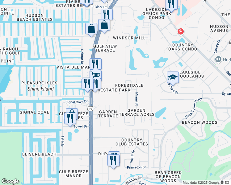 map of restaurants, bars, coffee shops, grocery stores, and more near 7133 Gulf Breeze Circle in Hudson