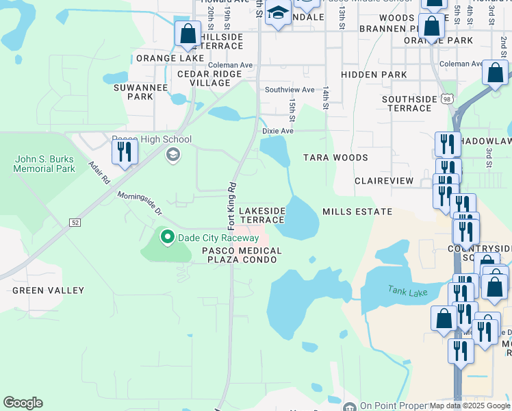 map of restaurants, bars, coffee shops, grocery stores, and more near 37216 Grassy Hill Lane in Dade City