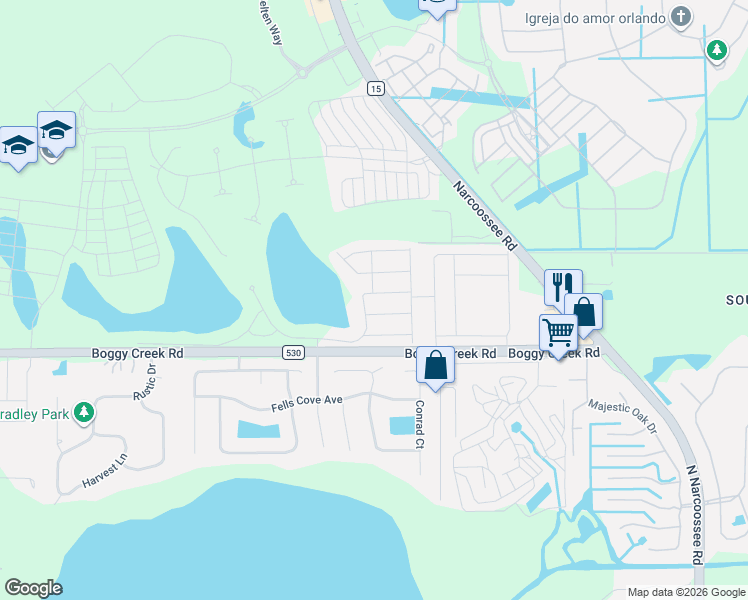 map of restaurants, bars, coffee shops, grocery stores, and more near 5000-5032 Boggy Creek Road in Kissimmee