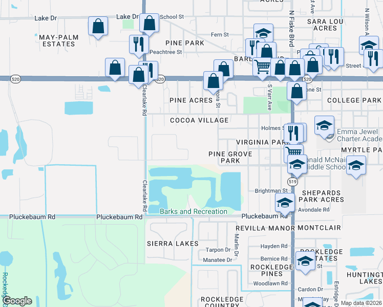 map of restaurants, bars, coffee shops, grocery stores, and more near 360 Sorrento Drive in Cocoa