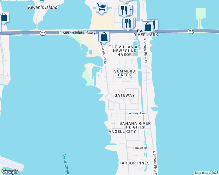 map of restaurants, bars, coffee shops, grocery stores, and more near 435 Monitor Street in Merritt Island