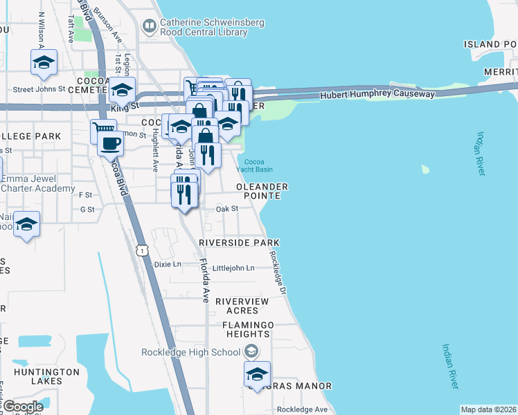 map of restaurants, bars, coffee shops, grocery stores, and more near 104 Riverside Drive in Cocoa